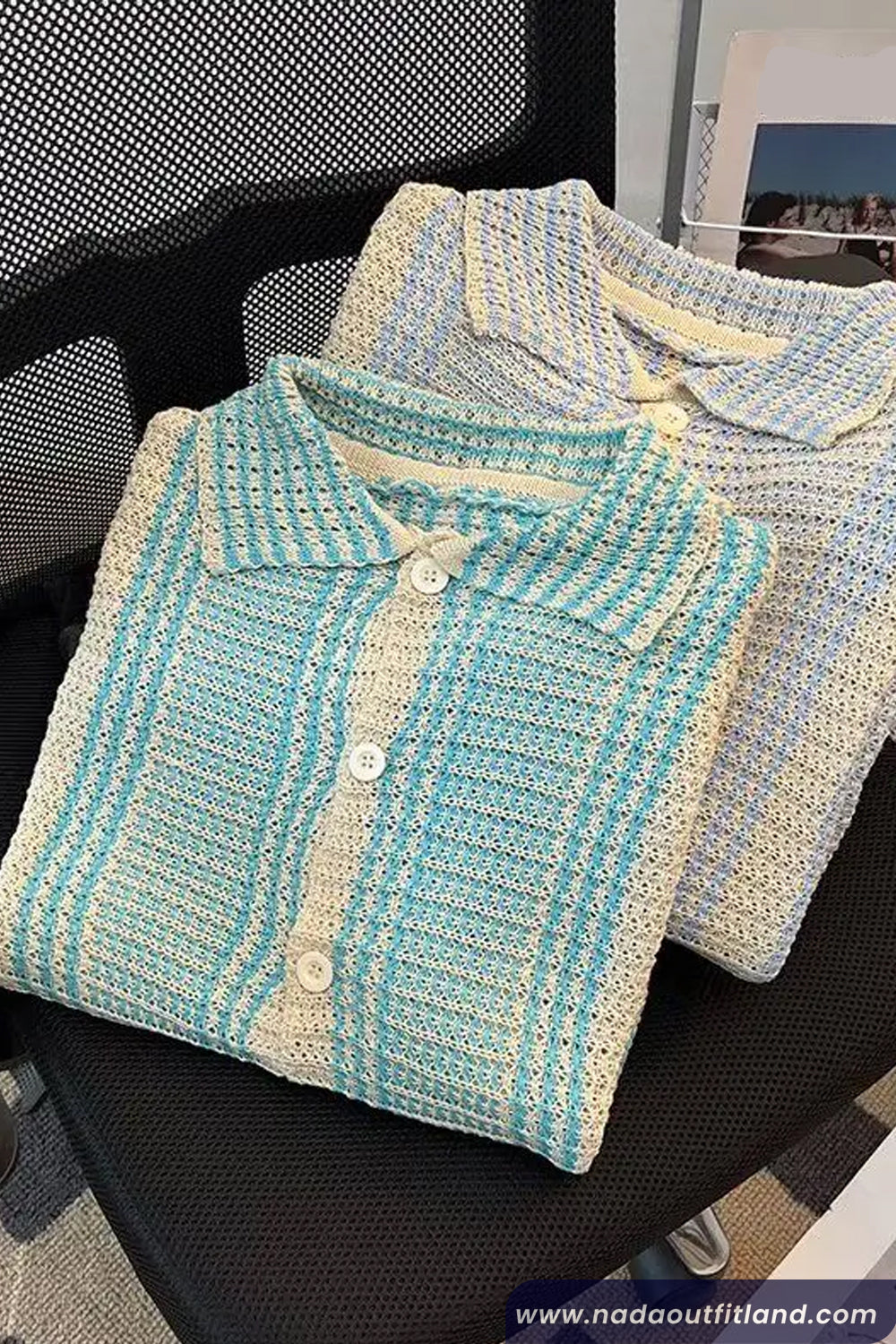 Short Sleeve Turn Down Collar Striped Style Knitted Shirt