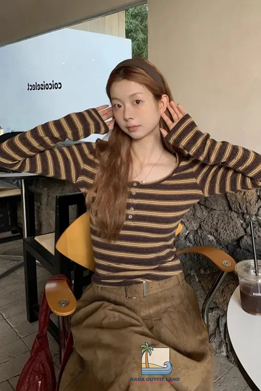 Long Sleeve U-Neck Retro Striped Shirt