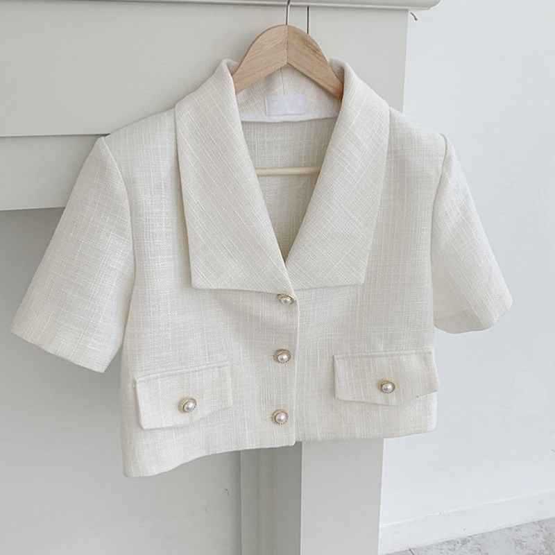 Short Sleeve Nothced Slim Blazer Shirt
