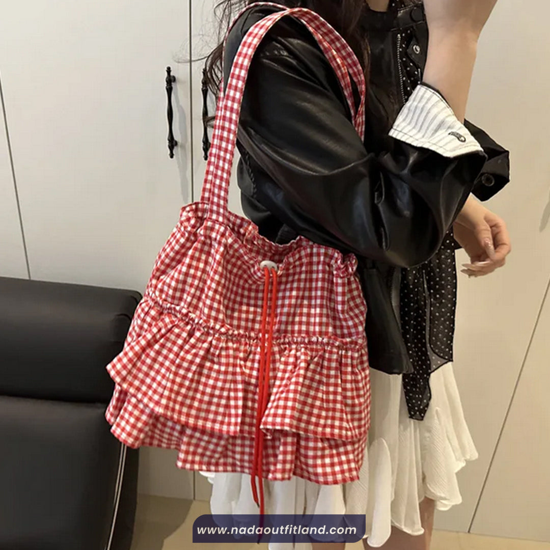 Retro Ruffled Style Plaid Pattern Women Tote Bag