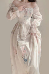 Long Sleeve Retro Floral Pattern Long Dress