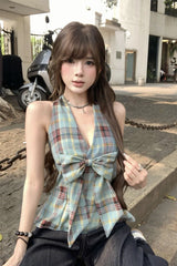 Sexy Retro Plaid Halter Bow Tie Cropped Tops