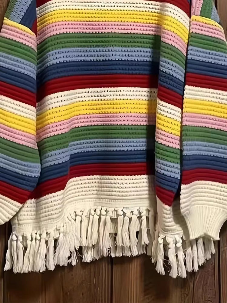 Long Sleeve Rainbow Striped Knitted Tassel Sweater