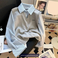 Long Sleeve Knitted Fake Two Striped Blouse Shirts