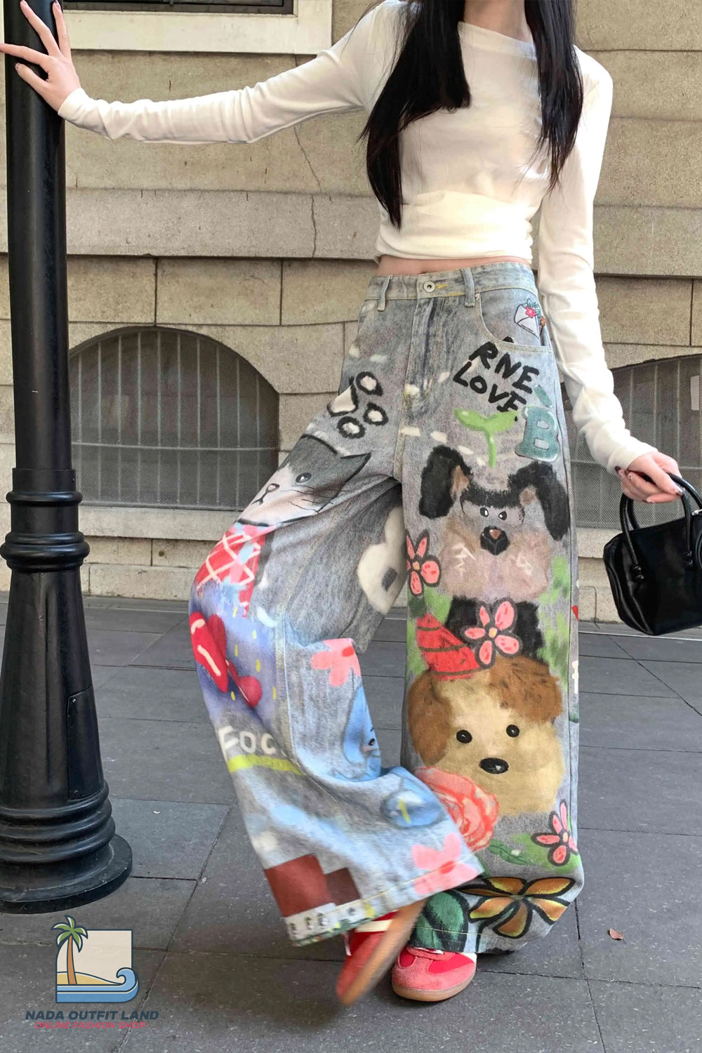 Loose Cute Doodle Animal Printed Jeans Pants
