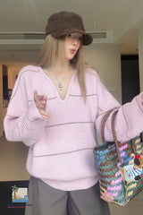 Long Sleeve Sexy V-Neck Striped Pink Knitted Sweater