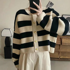 Loose Striped Knitted Cropped Cardigan Swater