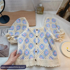 Puff Sleeve Square Collar Knitted Crochet Shirt