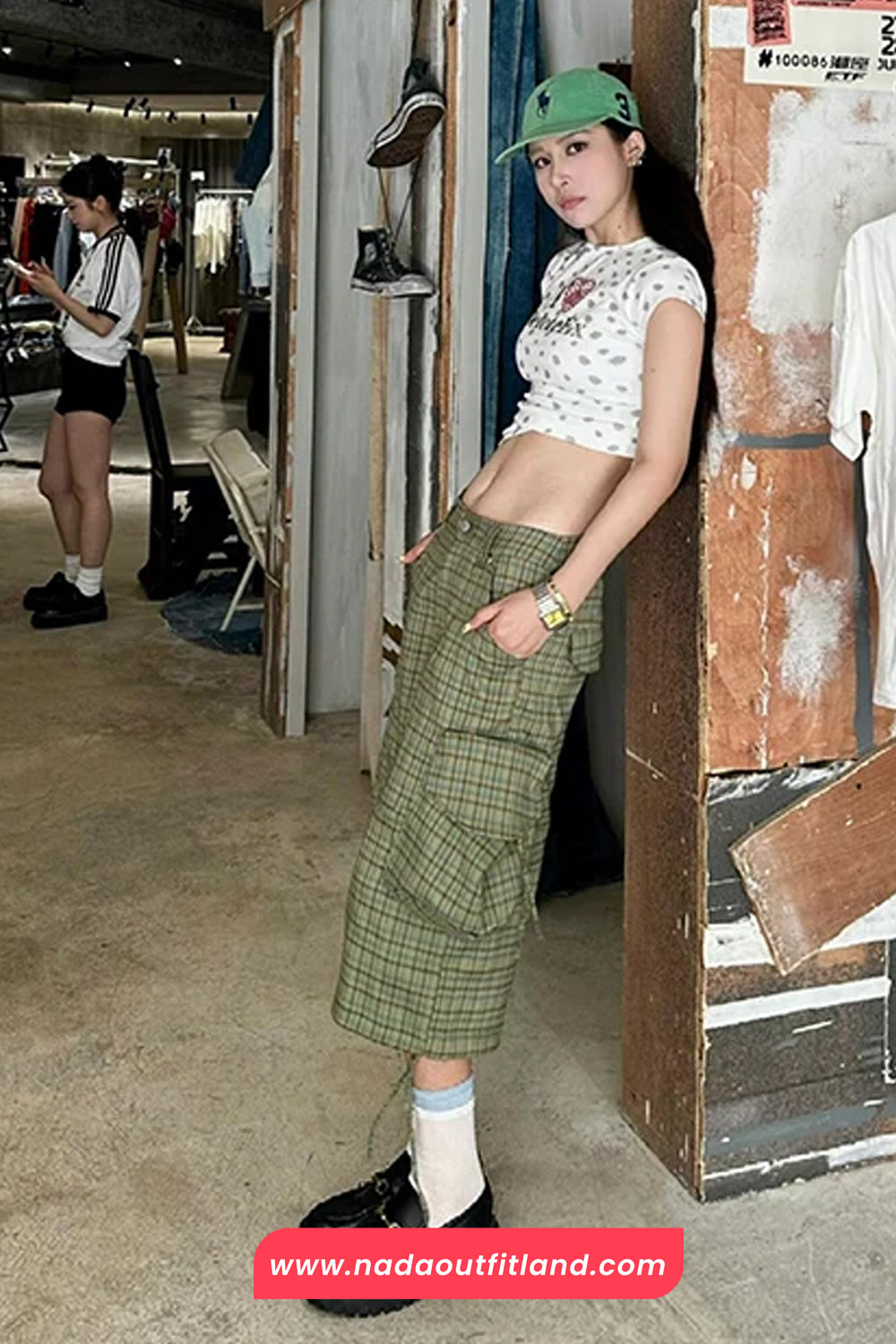 High Waist Green Plaid Knee Length Cargo Pants