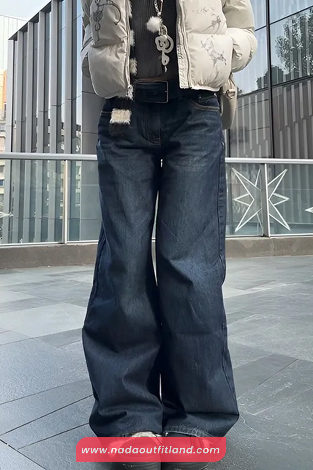 High Waist Belted Retro Blue Jeans Pants