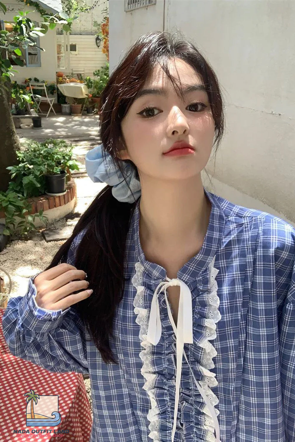 Long Sleeve Bow Lace Up Ruffled Blue Plaid Blouse Shirt