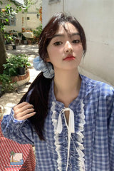 Long Sleeve Bow Lace Up Ruffled Blue Plaid Blouse Shirt