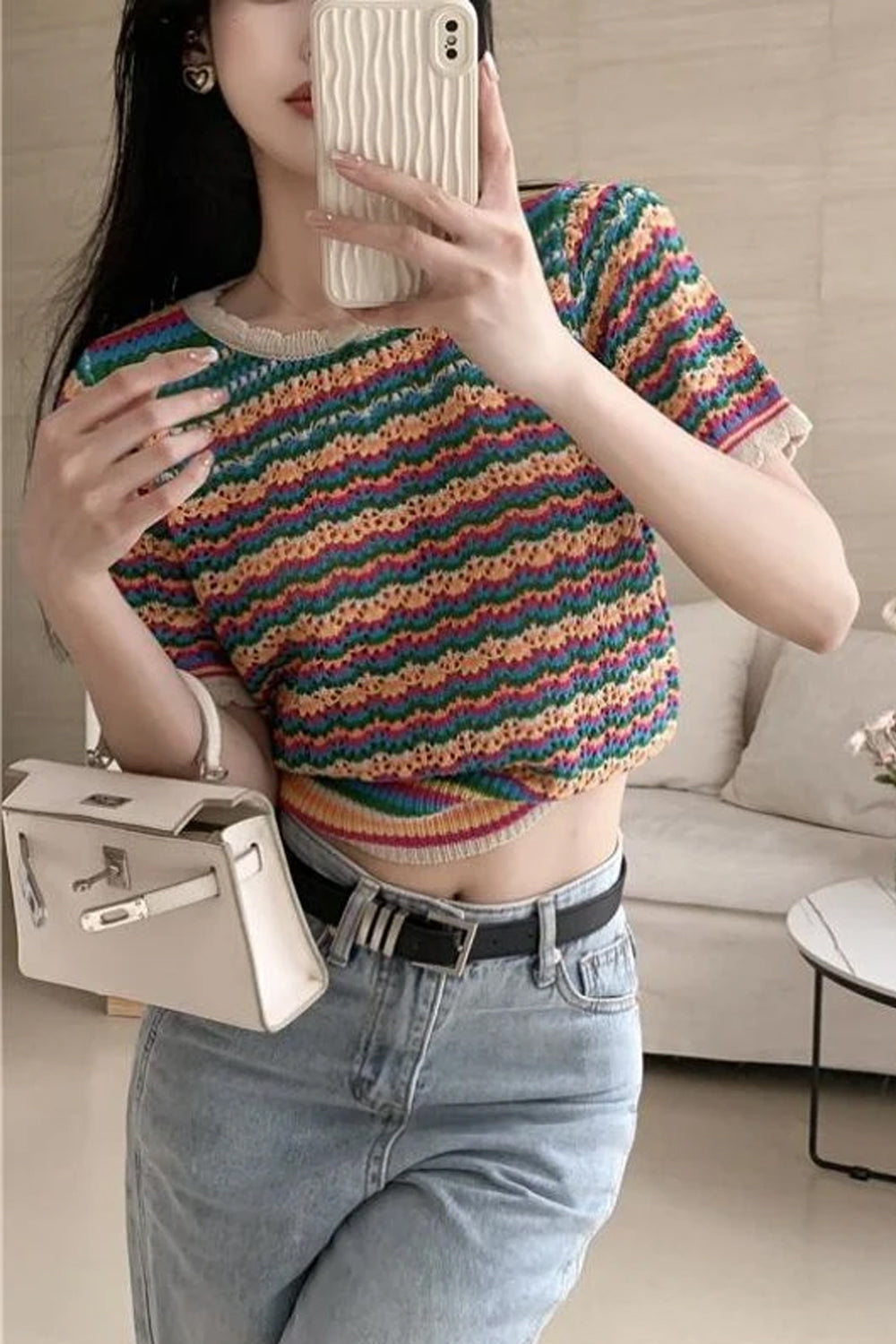 Short Sleeve O-Neck Striped Knitted Slim Shirt