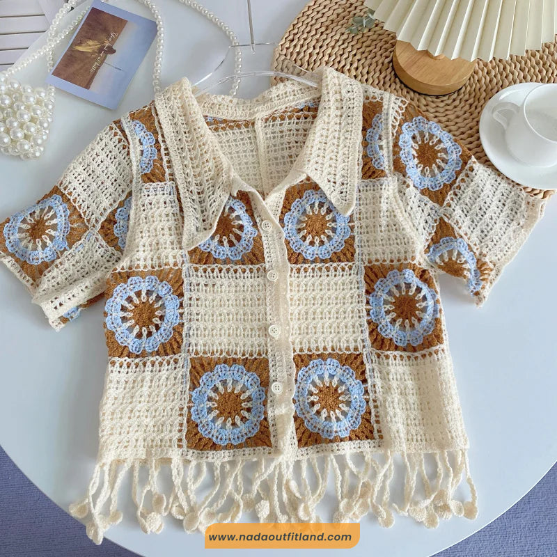 Short Sleeve Turn Down Collar Flower Pattern Crochet Shirts