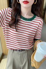 Casual O-Neck Striped Soft Knitted Ringer Shirt