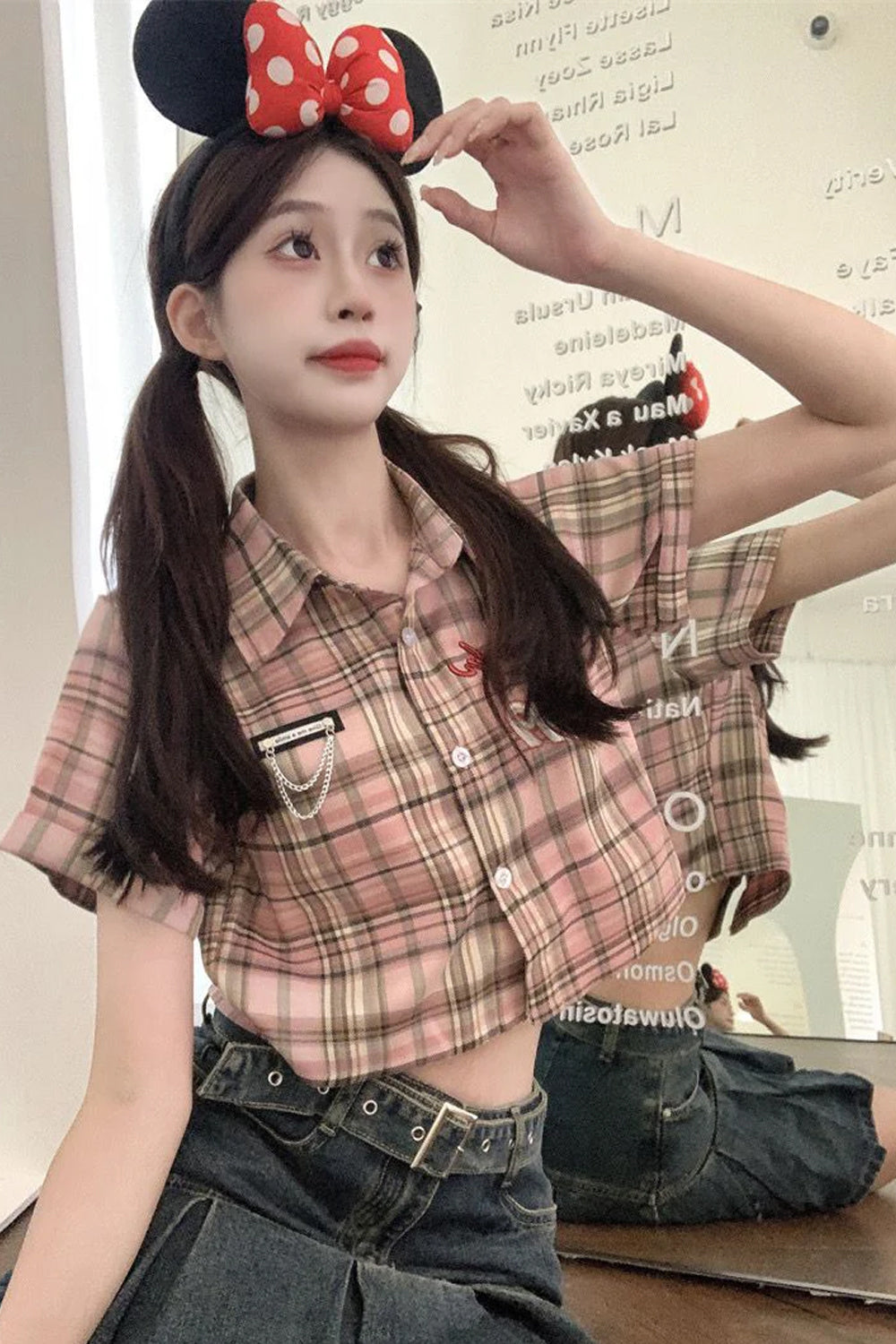 Short Sleeve Retro Plaid Cute Cropped Blouse Shirt