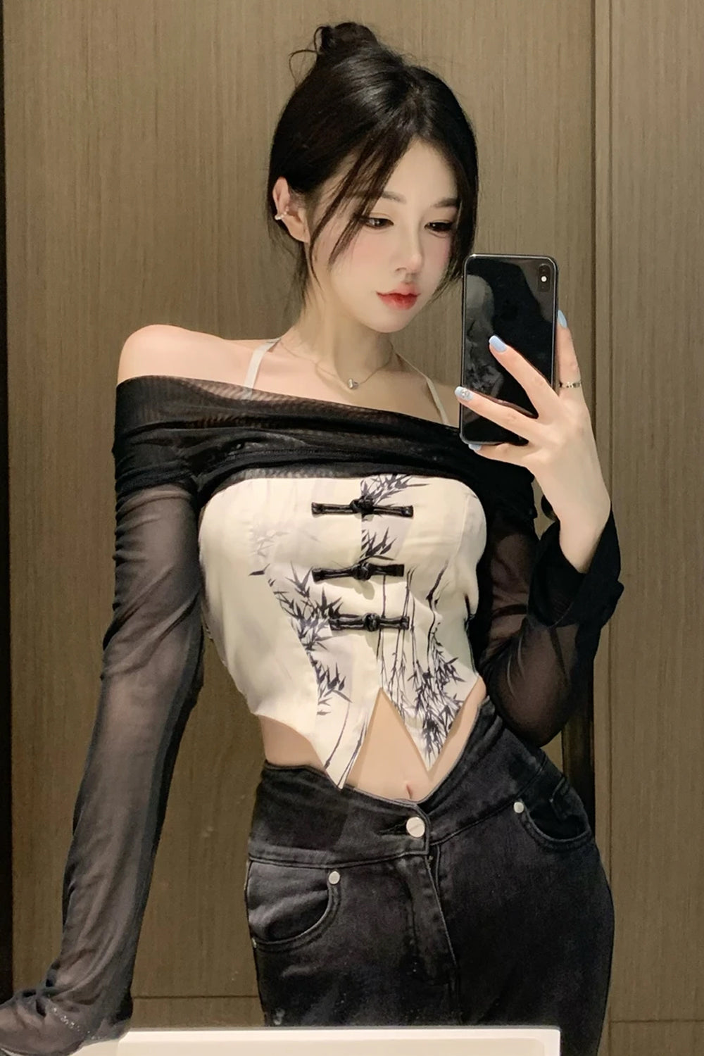 Long Sleeve Black Shawl Camis Crop Tops Set