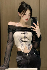 Long Sleeve Black Shawl Camis Crop Tops Set