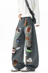 Loose Cartoon Embroidered Hip Hop Jeans Pants