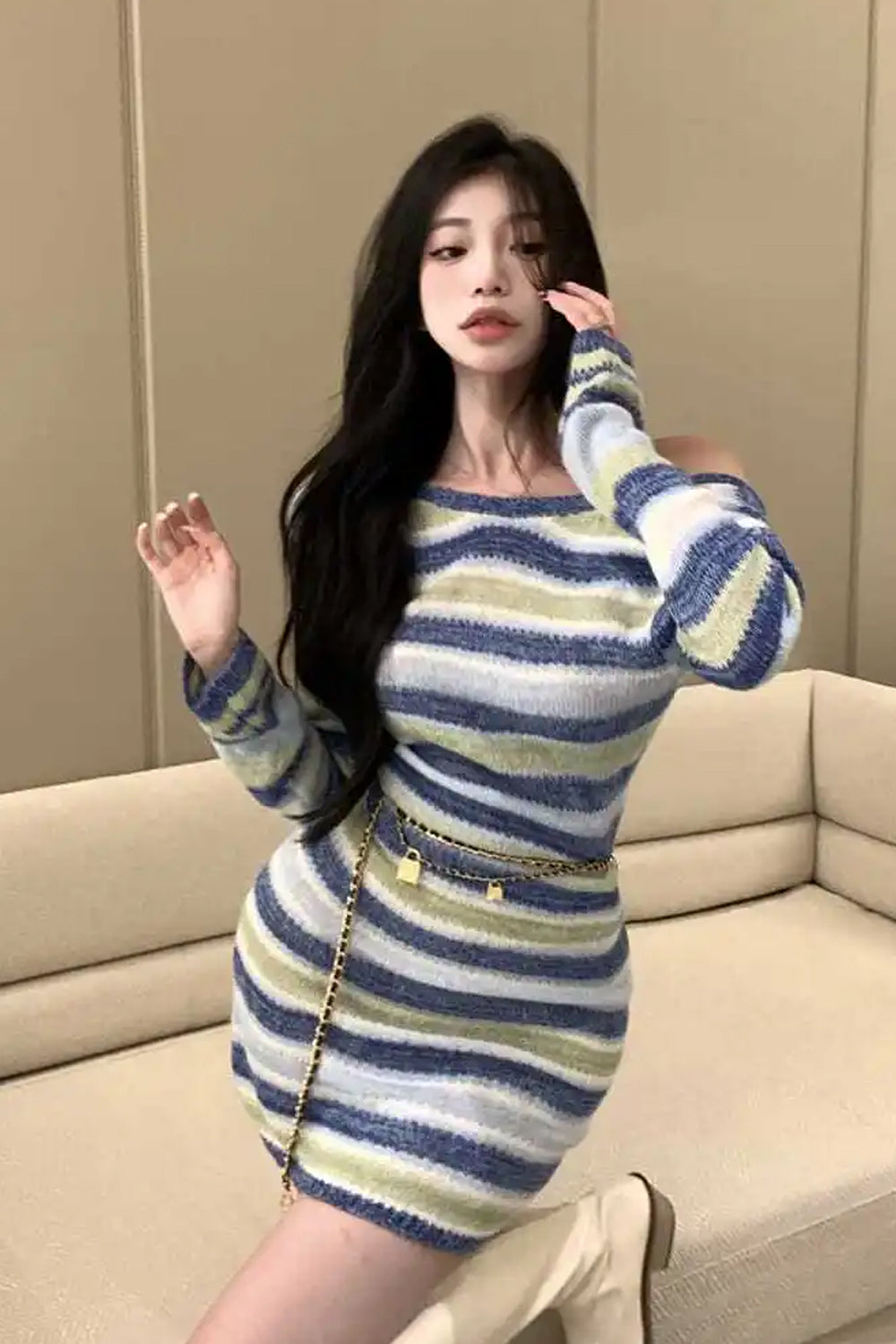Long Sleeve Striped Knitted Backless Midi Dress