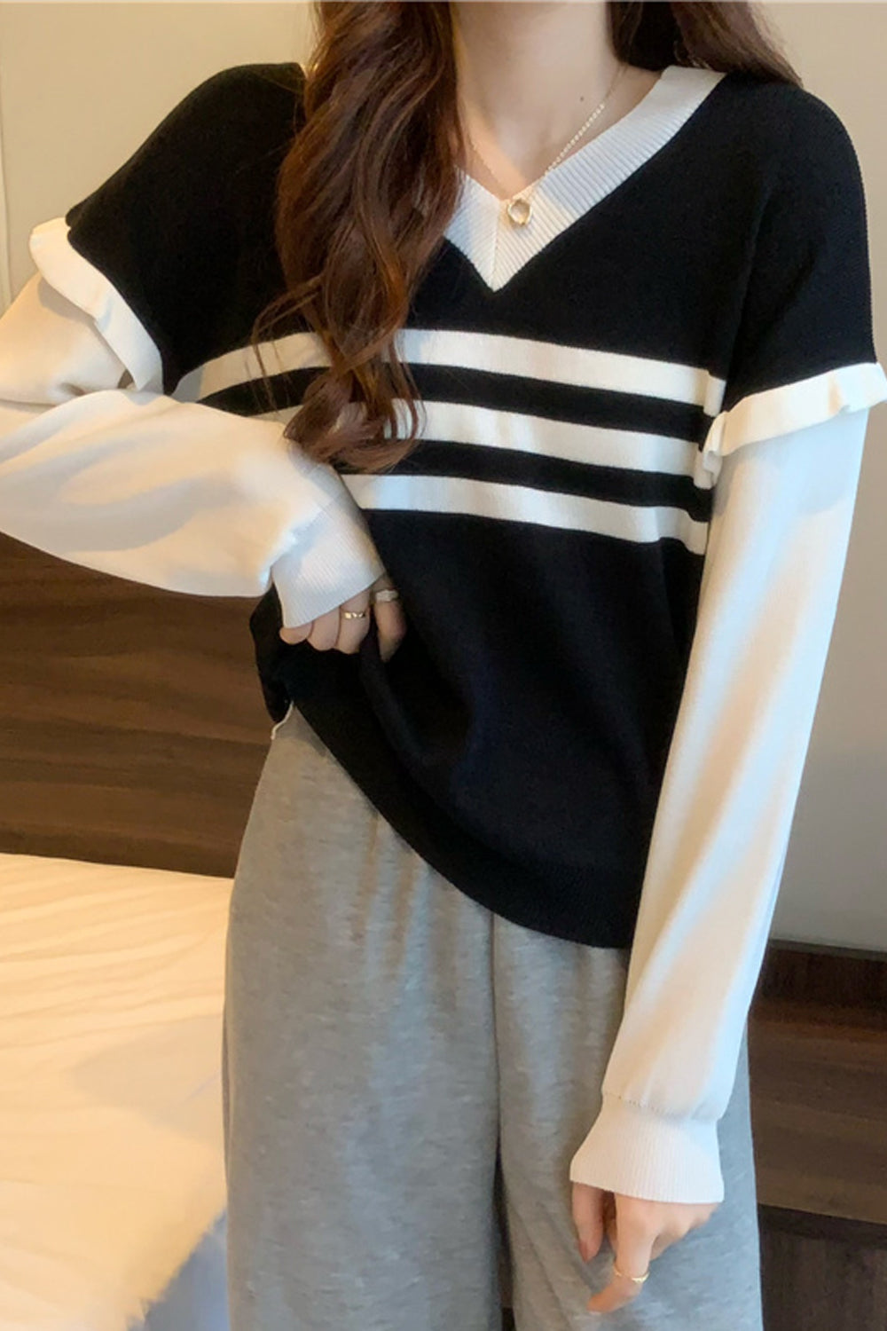 Long Sleeve V-Neck Striped Ruffle Sweater