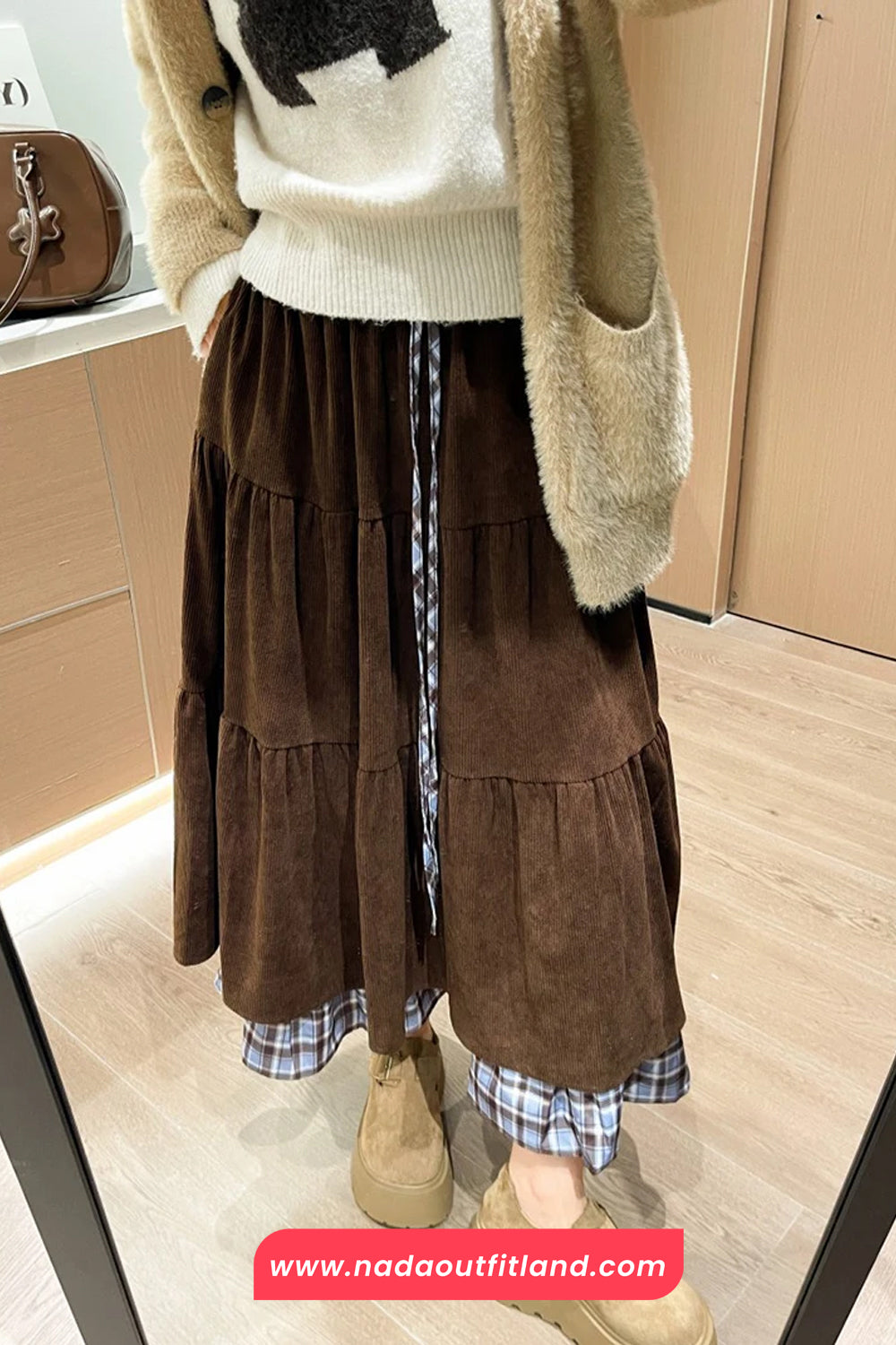 High Waist Retro Plaid Patchwork Corduroy Fake Two Long Skirts