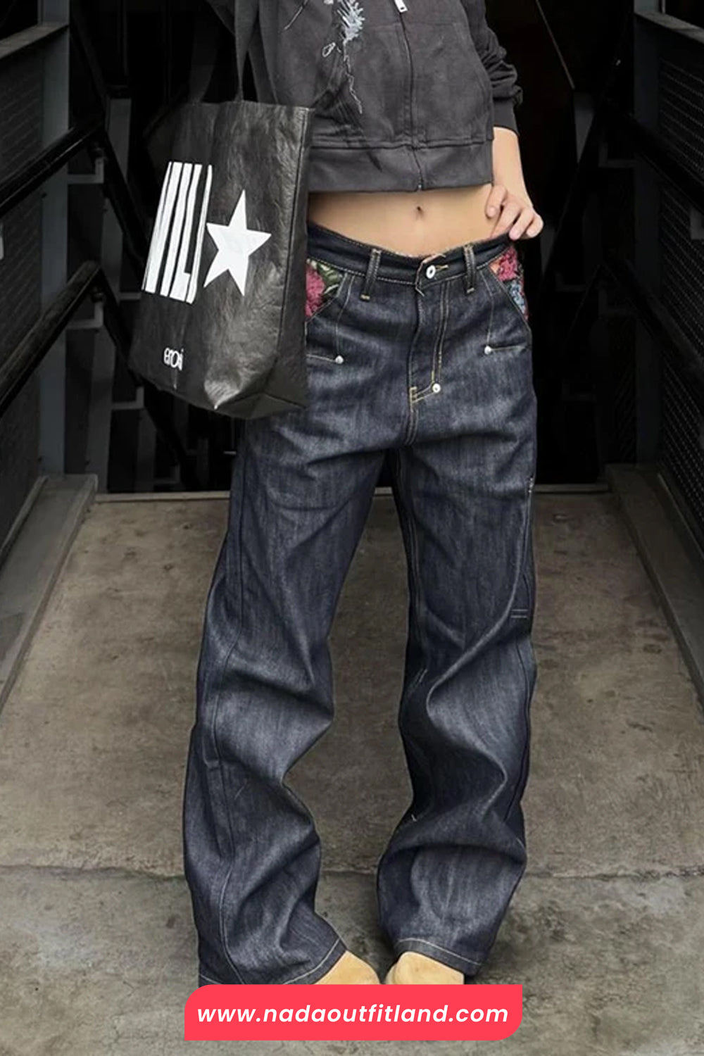 High Waist Flowers Pocket Pattern Retro Jeans Pants