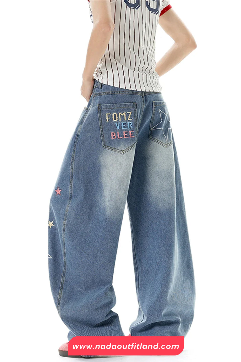 Vintage Stars Pattern Embroidered Flare Jeans Pants