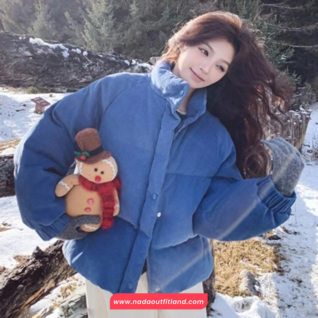 Vintage Blue Stand Collar Puffer Coat Jacket