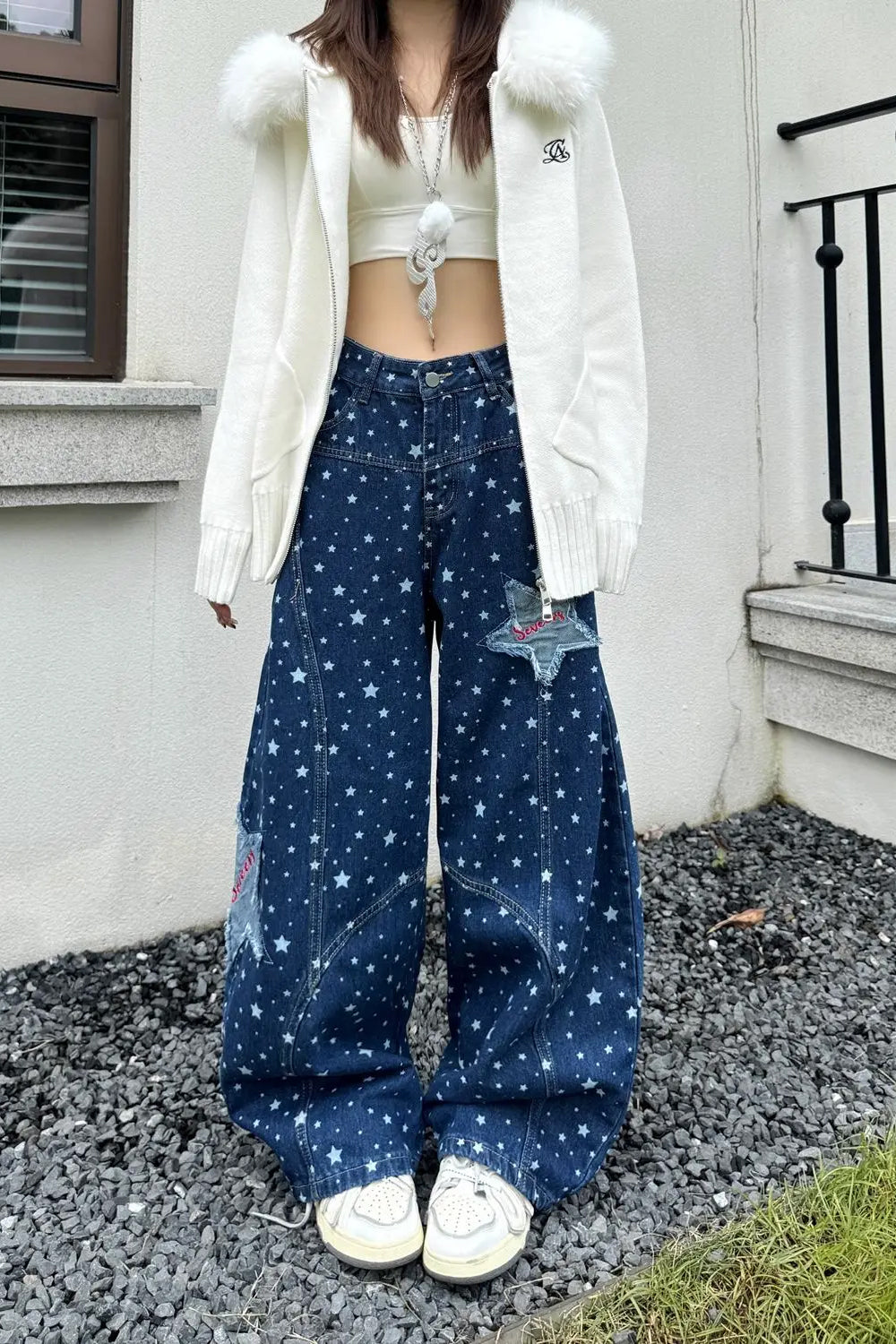 Loose Retro Stars Pattern Patchwork Washed Blue Jeans Pants