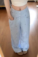 High Waist Bow Embroidery Blue Striped Wide Leg Pants