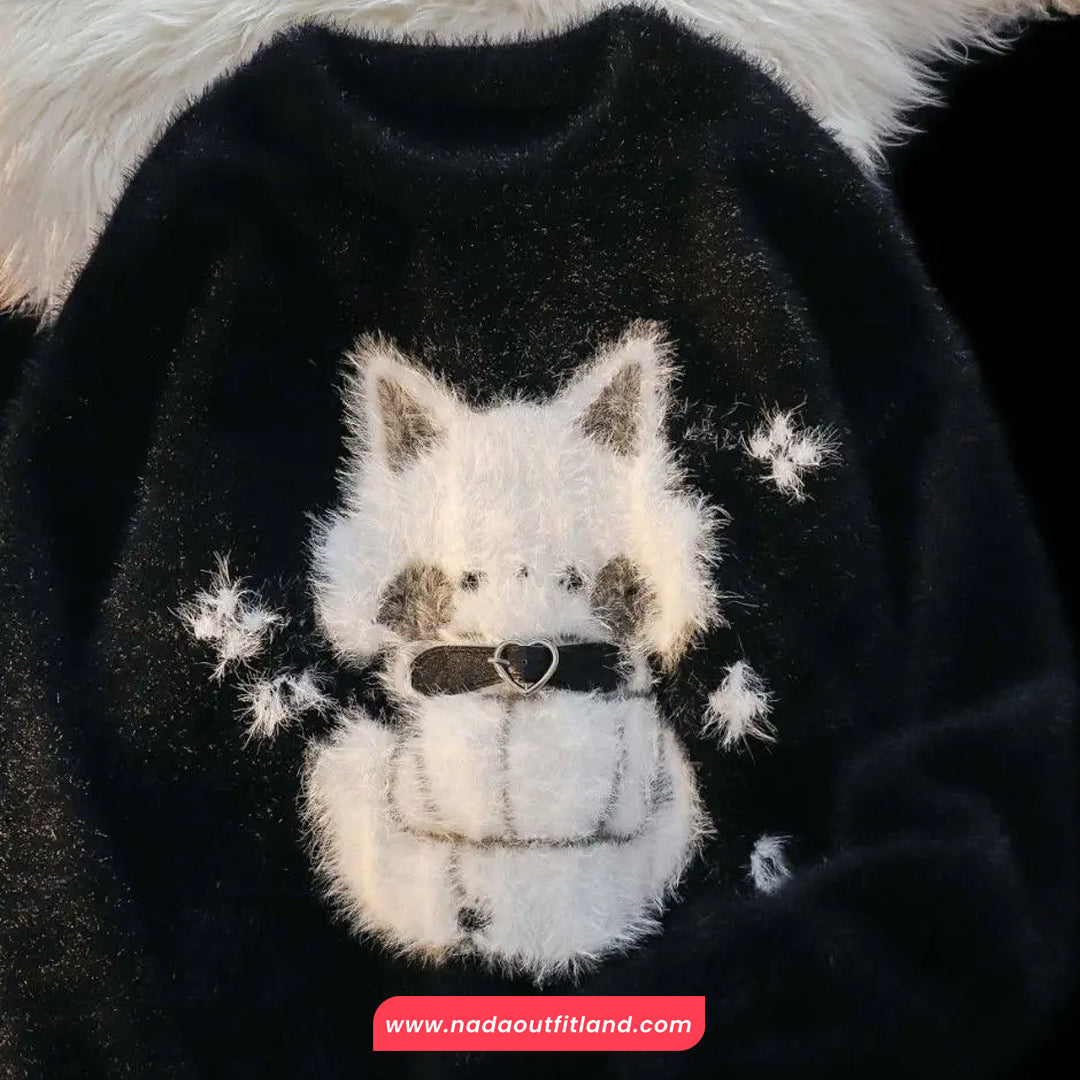 Cute Cat O-Neck Soft Velvet Sweater
