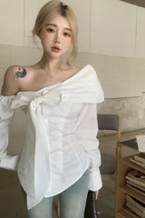 Long Sleeve Bow Bandage Sexy One Shoulder Blouse Shirt