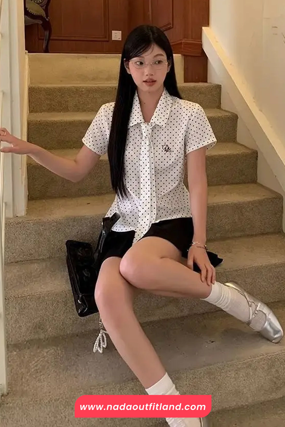 Short Sleeve Full Polka Dots Pattern Tie Blouse Shirt