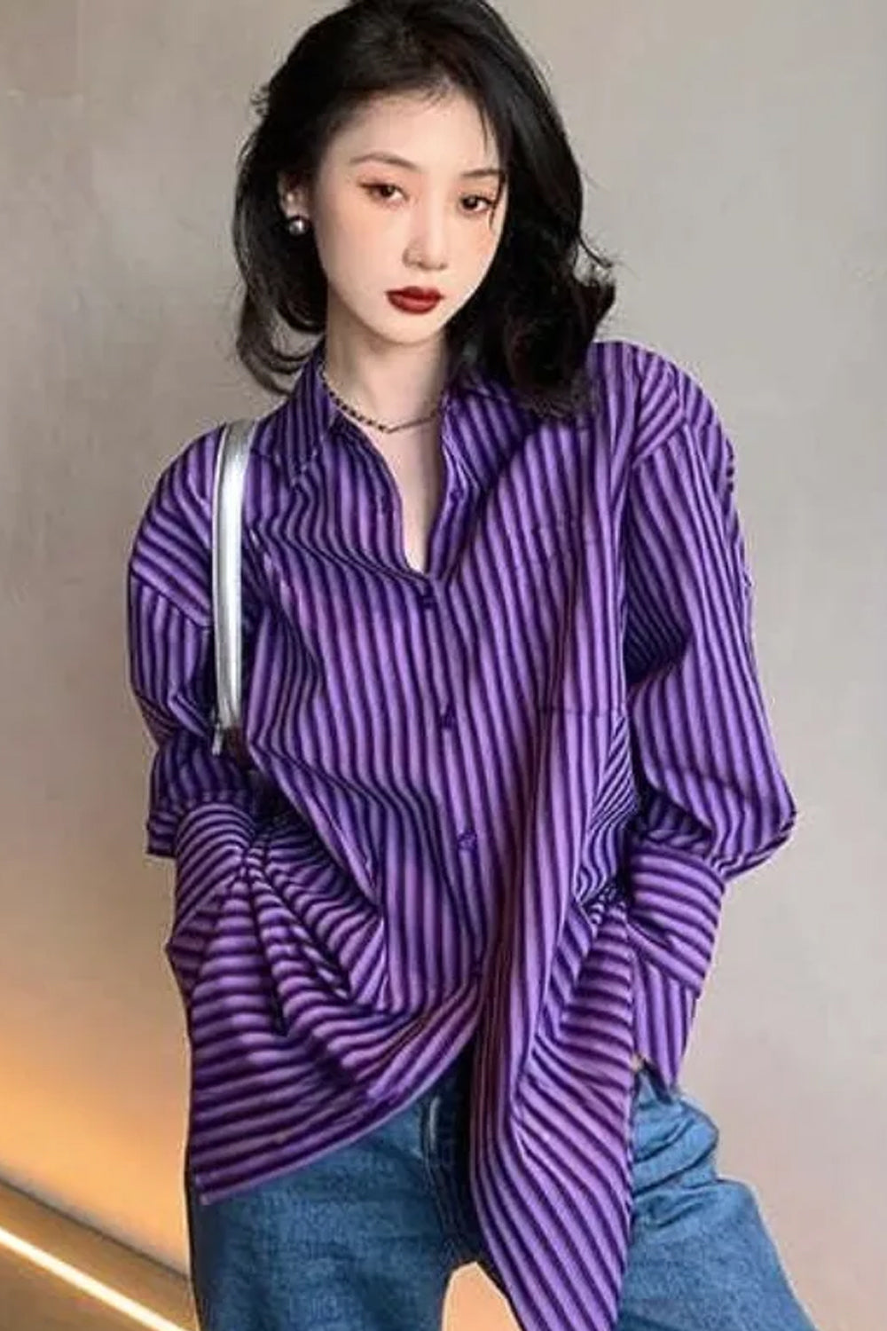 Long Sleeve Retro Purple Striped Casual Blouse Shirt