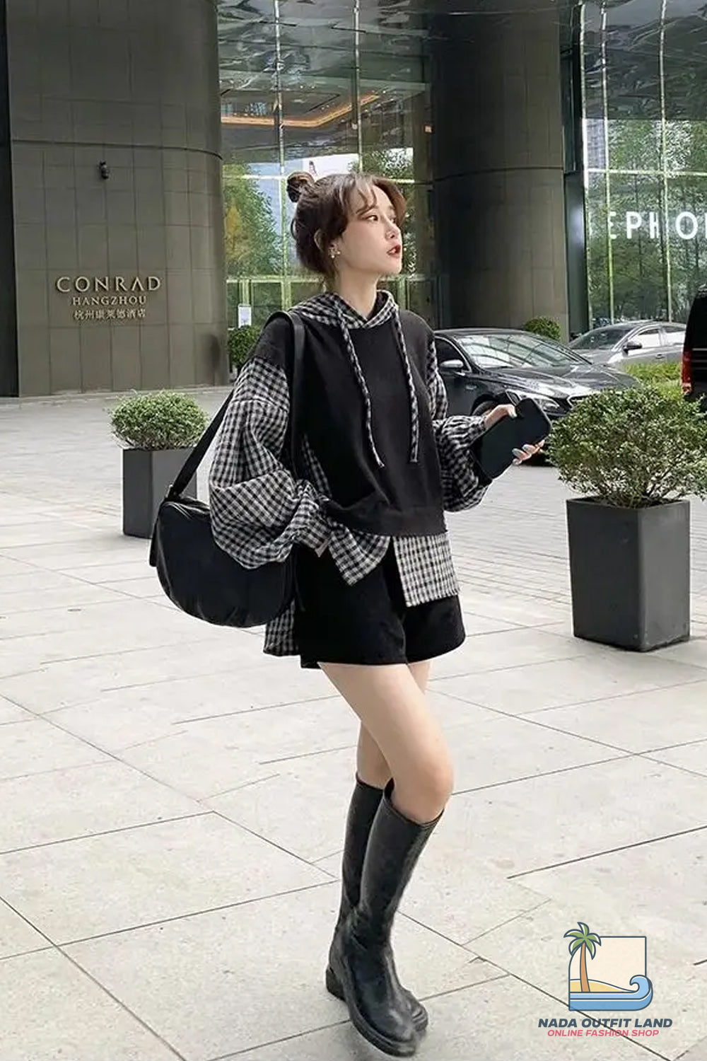 Loose Two Style Hooded Plaid Sweatshirt