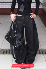 High Waist Washed Black Style Loose Jeans Pants