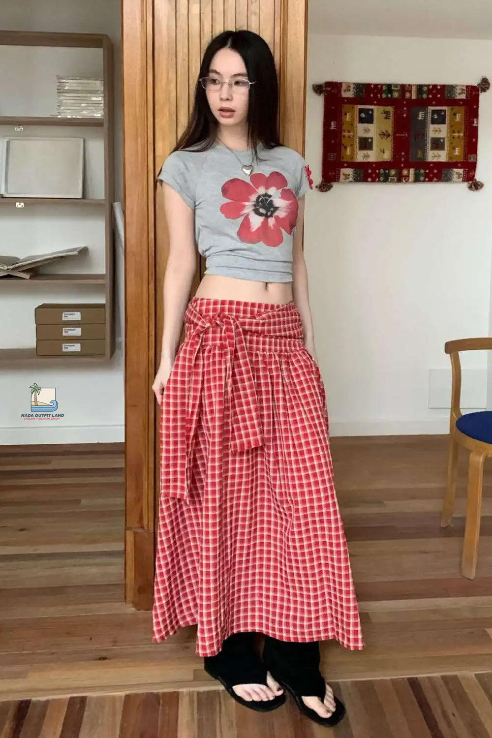 Vintage Plaid Bandage Pleated Long Skirts