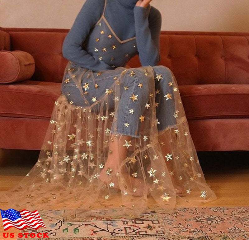 Sexy Bling Stars Transparent Pleated Dress