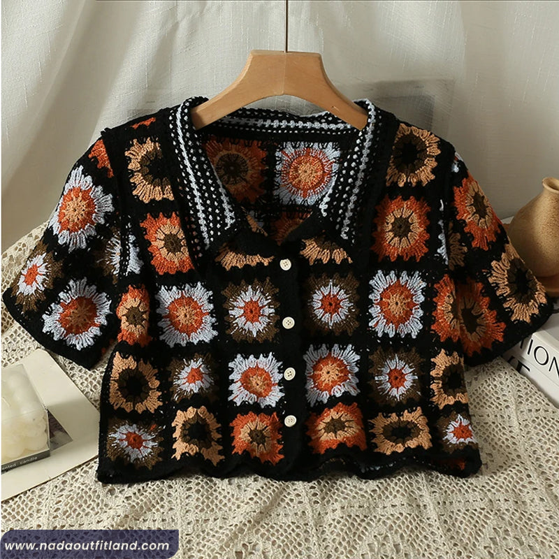 Turn Down Collar Retro Flower Pattern Crochet Shirts