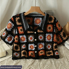Turn Down Collar Retro Flower Pattern Crochet Shirts