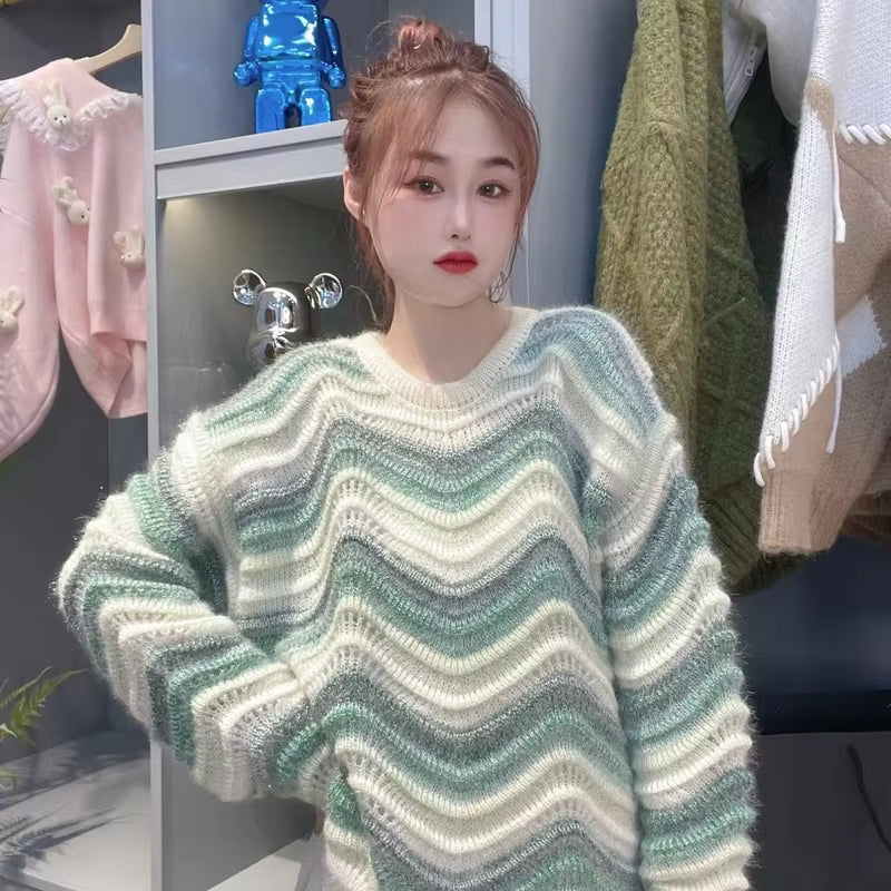 Long Sleeve O-Neck Knitted Wave Striped Sweater