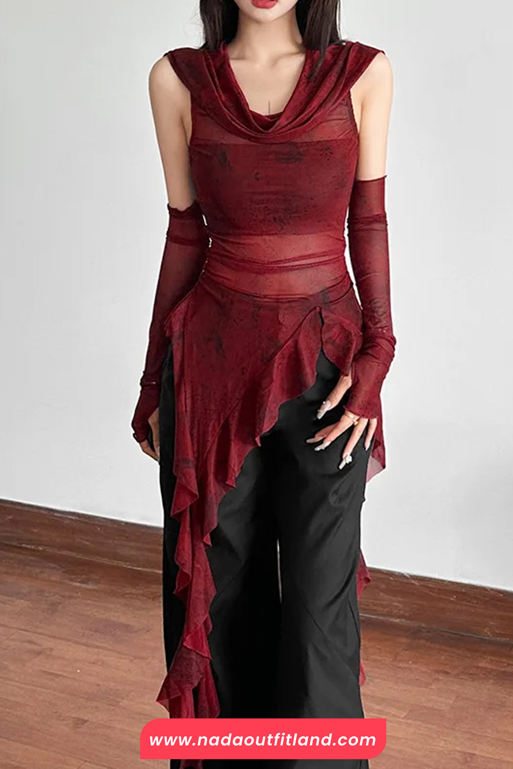 See Through Irregular Hooded Ruffles Slim Shirt