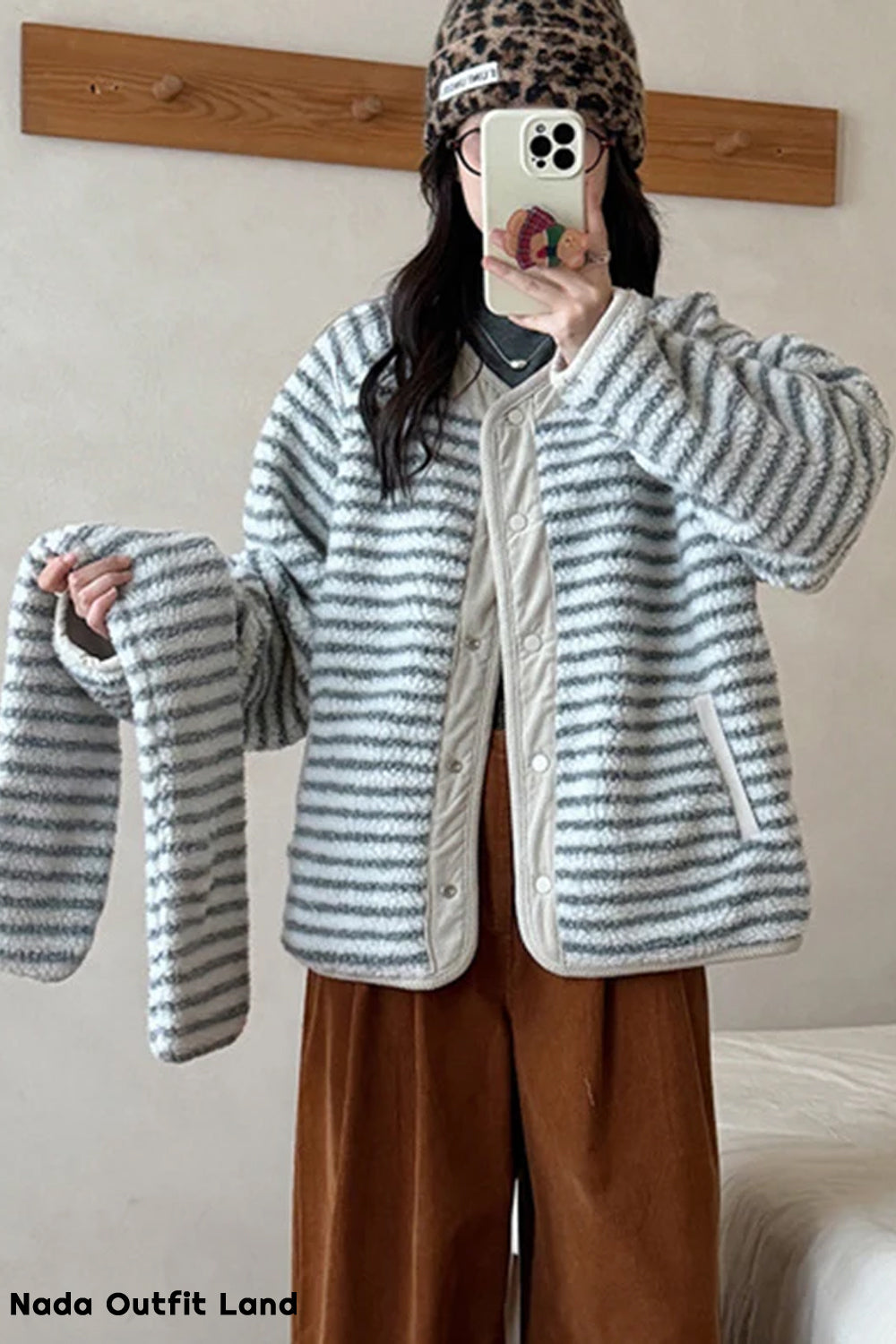 Long Sleeve Two Style Fleece Striped Padded Coat Jacket