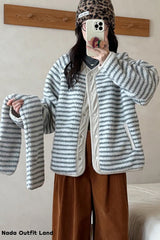 Long Sleeve Two Style Fleece Striped Padded Coat Jacket
