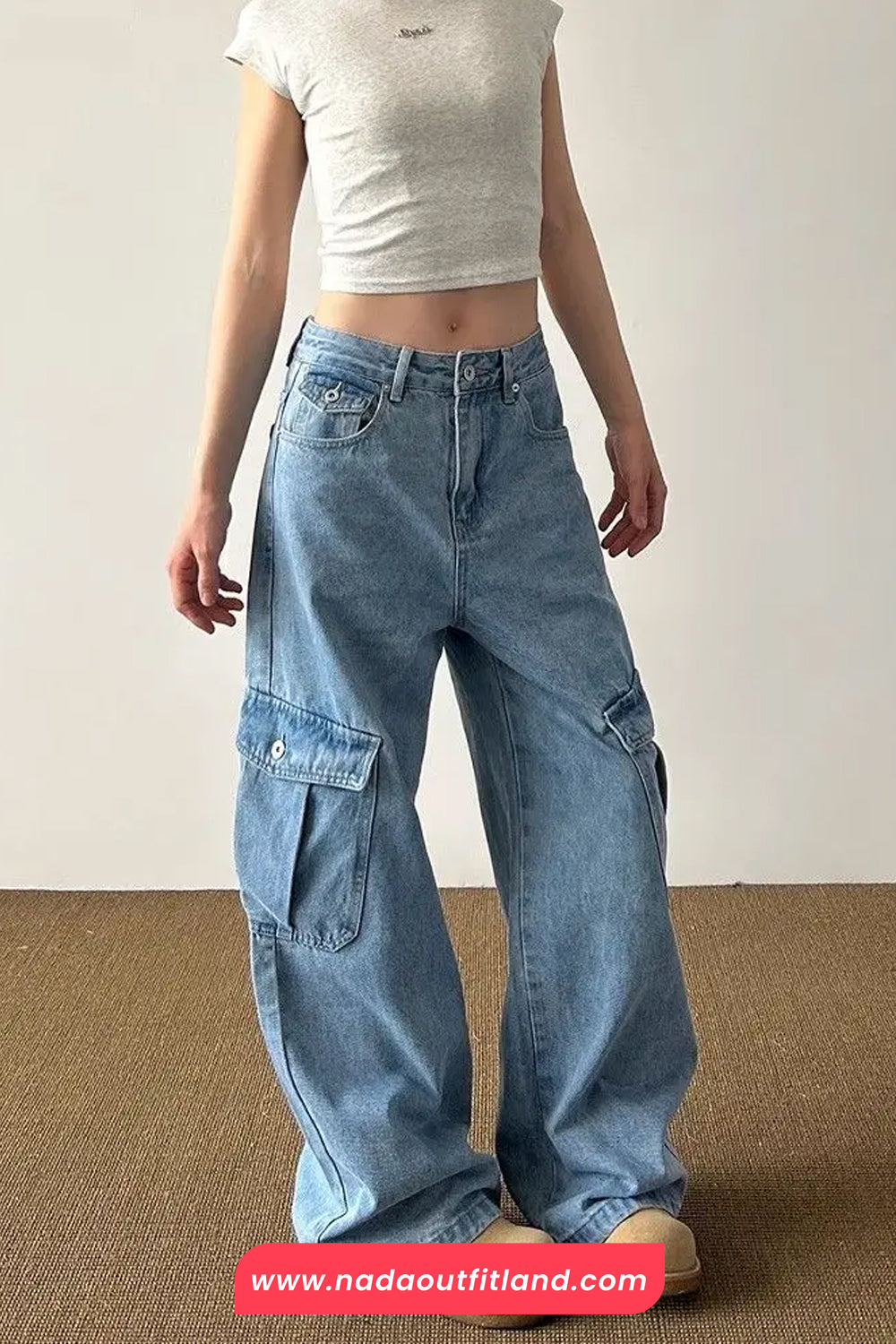 High Waist Retro Cargo Pockets Jeans Pants