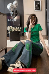 High Waist Green Ripped Hole Jeans Pants