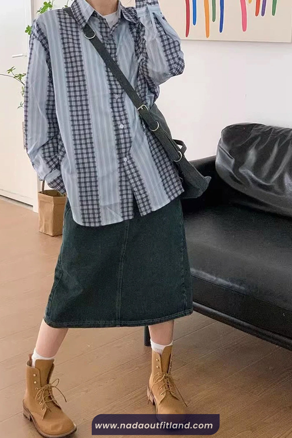 Long Sleeve Retro Striped And Plaid Combination Blouse Shirt
