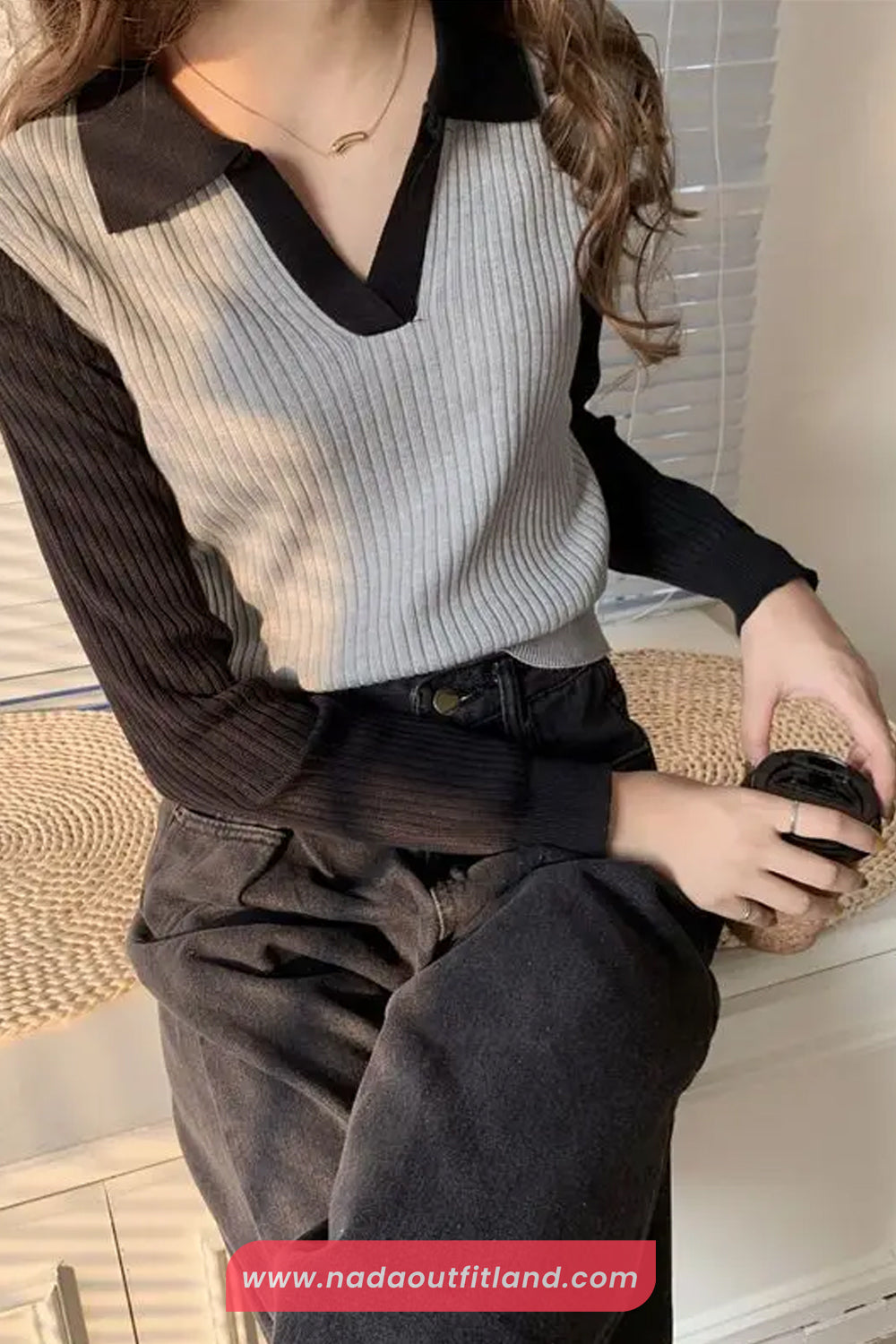 Long Sleeve Collar Knitted Slim Sweater