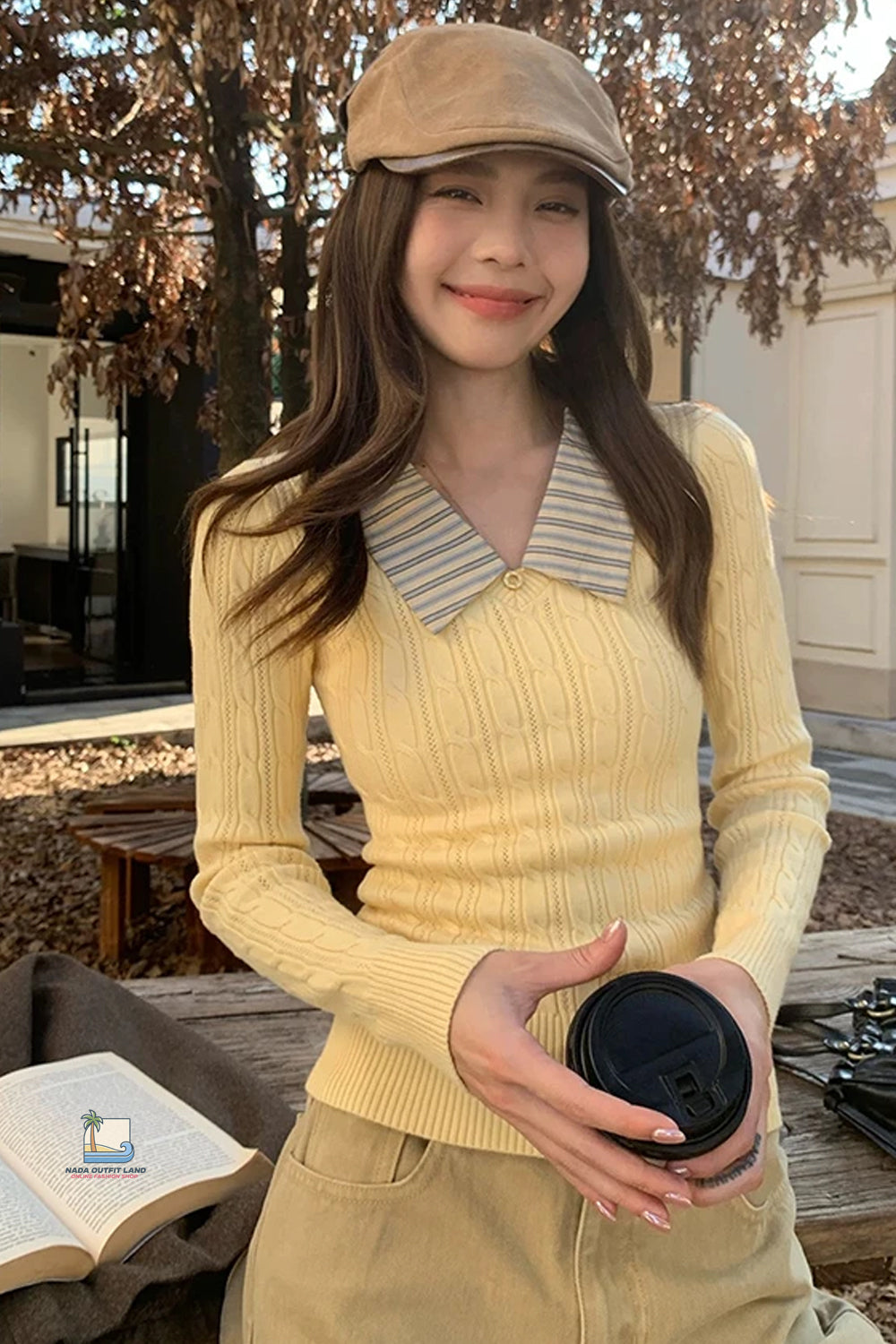 Long Sleeve Lapel Striped Collar Knitted Slim Sweater